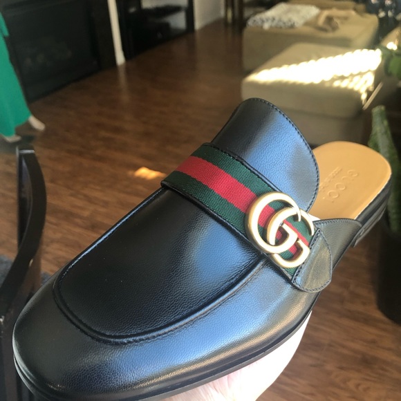 Gucci Men’s Black Leather Slip On Sandal with Web GG Logo 469891 1060 - Picture 5 of 7